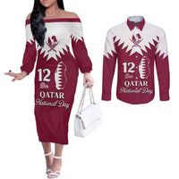 personalised-qatar-national-day-couples-matching-off-the-shoulder-long-sleeve-dress-and-long-sleeve-button-shirt-dawlat-qatar-map-islamic-pattern