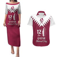 Personalised Qatar National Day Couples Matching Puletasi Dress and Hawaiian Shirt Dawlat Qatar Map Islamic Pattern - Wonder Print Shop