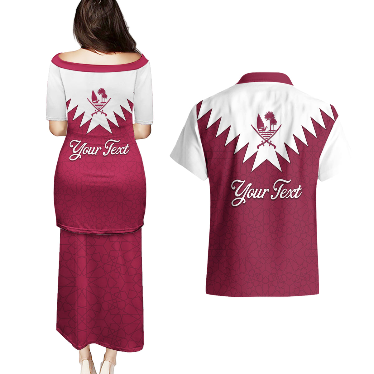 Personalised Qatar National Day Couples Matching Puletasi Dress and Hawaiian Shirt Dawlat Qatar Map Islamic Pattern - Wonder Print Shop