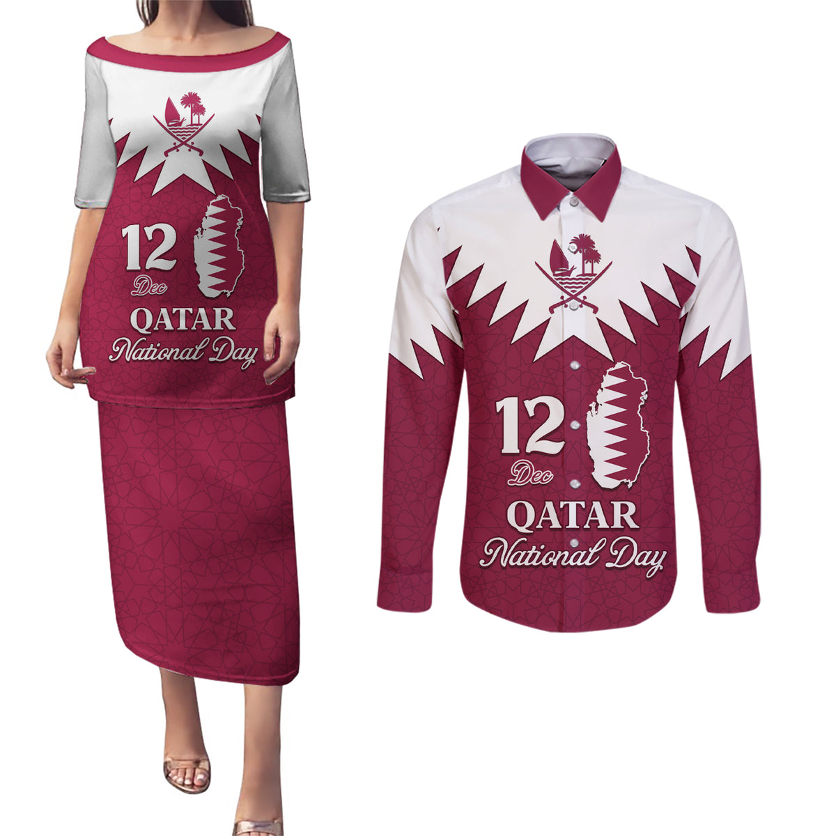 Personalised Qatar National Day Couples Matching Puletasi Dress and Long Sleeve Button Shirt Dawlat Qatar Map Islamic Pattern - Wonder Print Shop