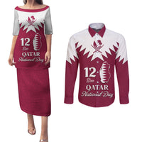 Personalised Qatar National Day Couples Matching Puletasi Dress and Long Sleeve Button Shirt Dawlat Qatar Map Islamic Pattern - Wonder Print Shop