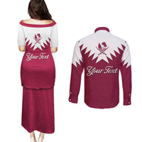 Personalised Qatar National Day Couples Matching Puletasi Dress and Long Sleeve Button Shirt Dawlat Qatar Map Islamic Pattern - Wonder Print Shop
