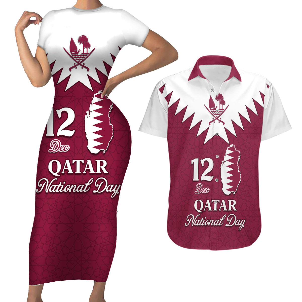 Personalised Qatar National Day Couples Matching Short Sleeve Bodycon Dress and Hawaiian Shirt Dawlat Qatar Map Islamic Pattern - Wonder Print Shop