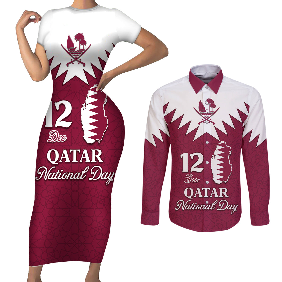 Personalised Qatar National Day Couples Matching Short Sleeve Bodycon Dress and Long Sleeve Button Shirt Dawlat Qatar Map Islamic Pattern - Wonder Print Shop
