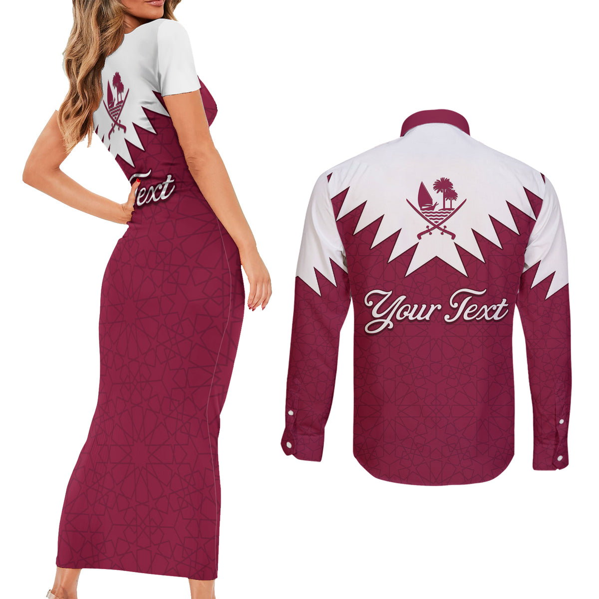 Personalised Qatar National Day Couples Matching Short Sleeve Bodycon Dress and Long Sleeve Button Shirt Dawlat Qatar Map Islamic Pattern - Wonder Print Shop
