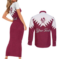 Personalised Qatar National Day Couples Matching Short Sleeve Bodycon Dress and Long Sleeve Button Shirt Dawlat Qatar Map Islamic Pattern - Wonder Print Shop