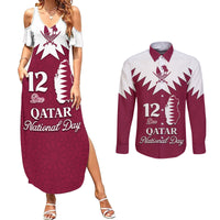 Personalised Qatar National Day Couples Matching Summer Maxi Dress and Long Sleeve Button Shirt Dawlat Qatar Map Islamic Pattern - Wonder Print Shop