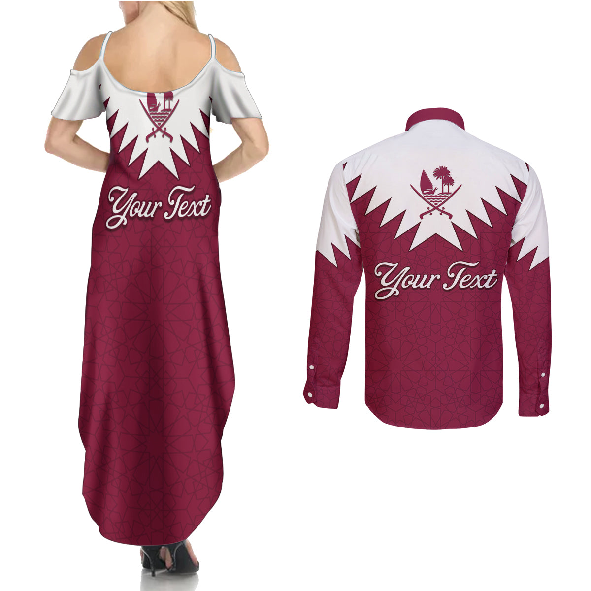 Personalised Qatar National Day Couples Matching Summer Maxi Dress and Long Sleeve Button Shirt Dawlat Qatar Map Islamic Pattern - Wonder Print Shop