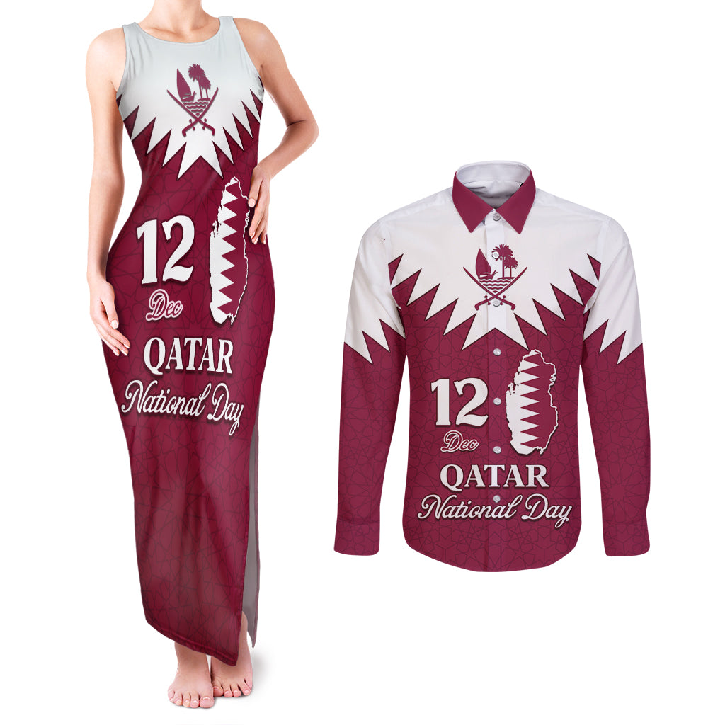 Personalised Qatar National Day Couples Matching Tank Maxi Dress and Long Sleeve Button Shirt Dawlat Qatar Map Islamic Pattern - Wonder Print Shop