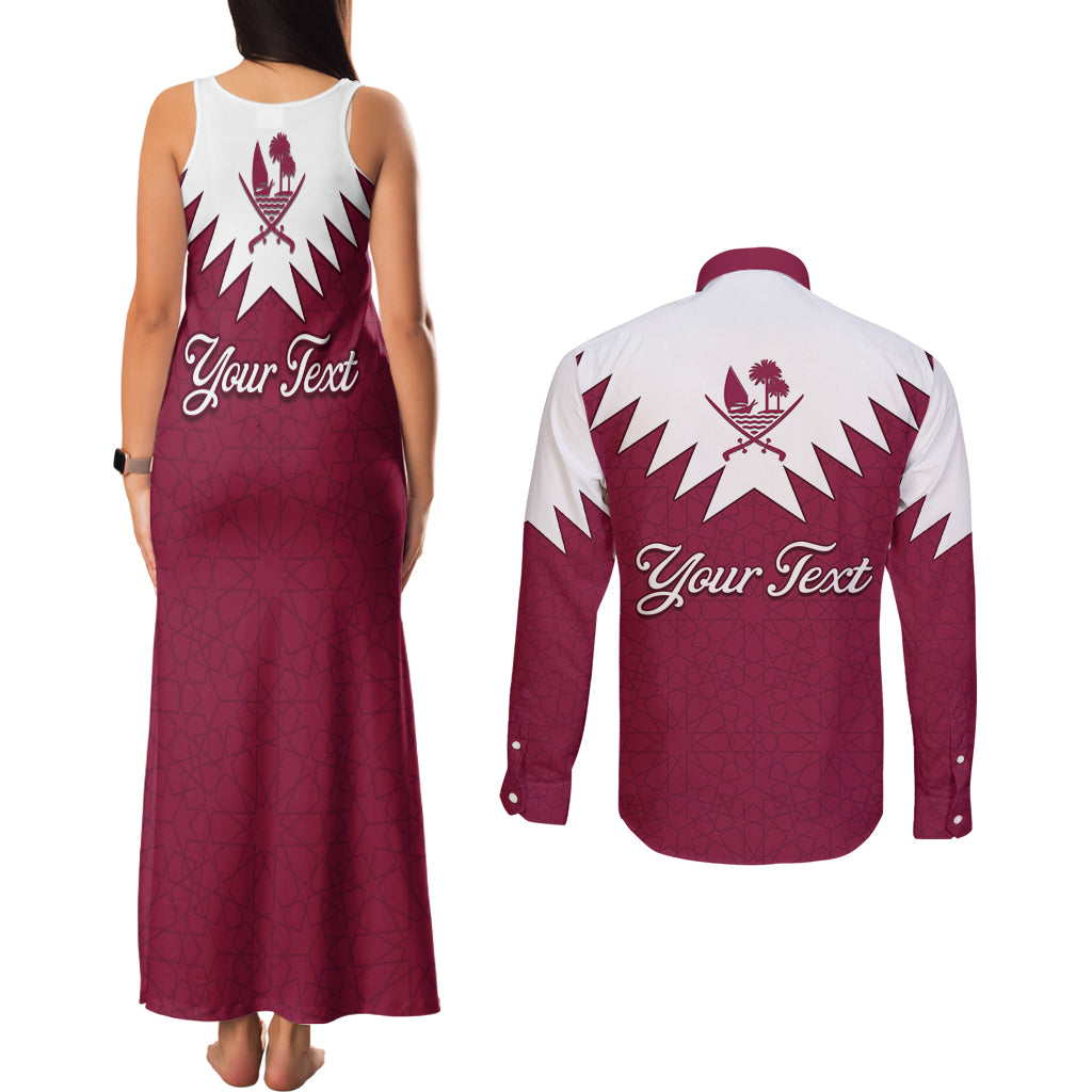 Personalised Qatar National Day Couples Matching Tank Maxi Dress and Long Sleeve Button Shirt Dawlat Qatar Map Islamic Pattern - Wonder Print Shop