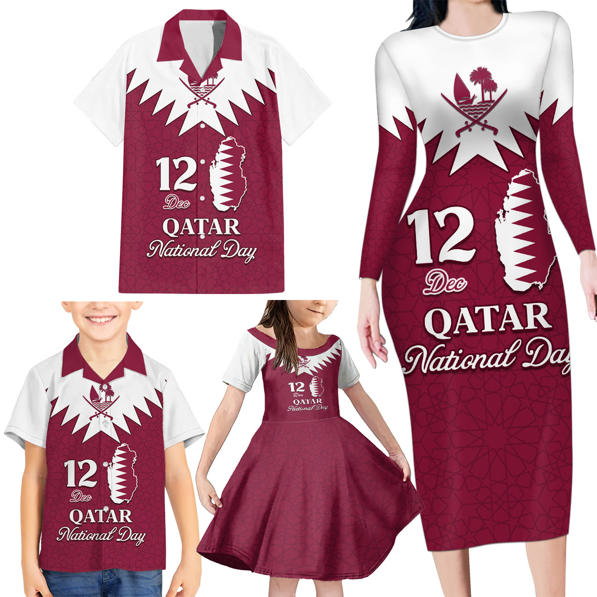 Personalised Qatar National Day Family Matching Long Sleeve Bodycon Dress and Hawaiian Shirt Dawlat Qatar Map Islamic Pattern - Wonder Print Shop