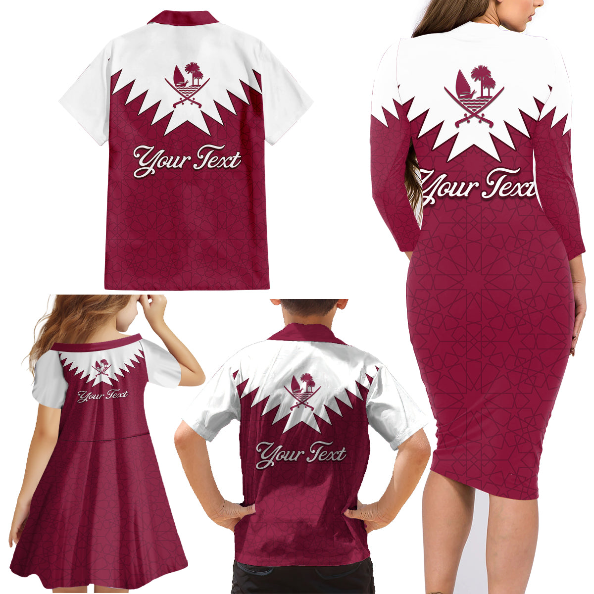 Personalised Qatar National Day Family Matching Long Sleeve Bodycon Dress and Hawaiian Shirt Dawlat Qatar Map Islamic Pattern - Wonder Print Shop