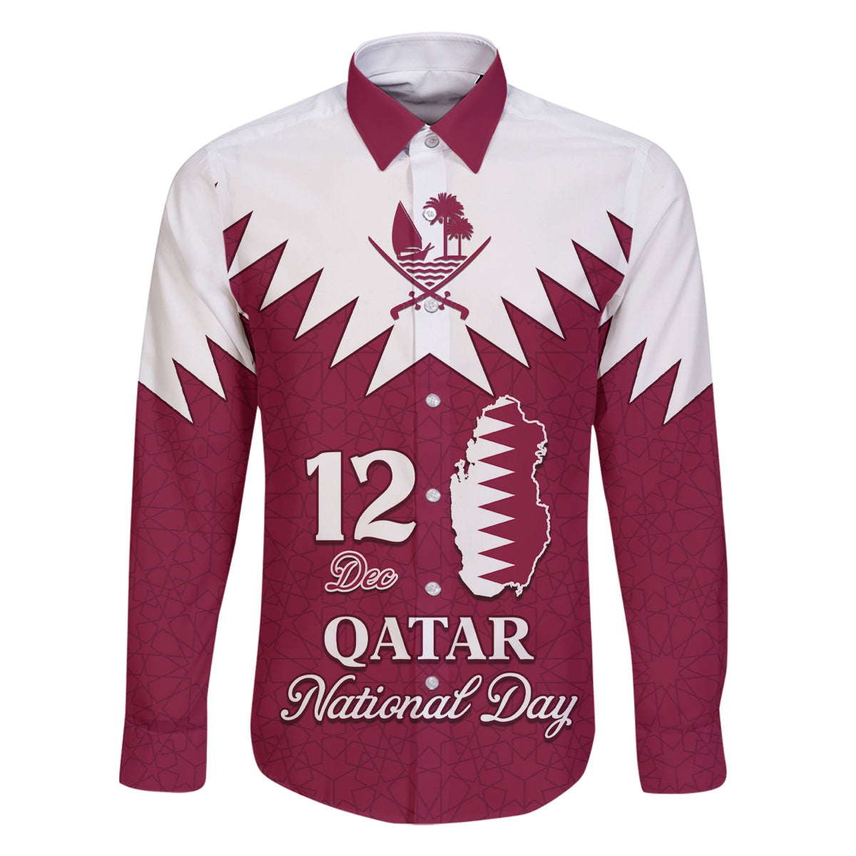 Personalised Qatar National Day Family Matching Long Sleeve Bodycon Dress and Hawaiian Shirt Dawlat Qatar Map Islamic Pattern - Wonder Print Shop