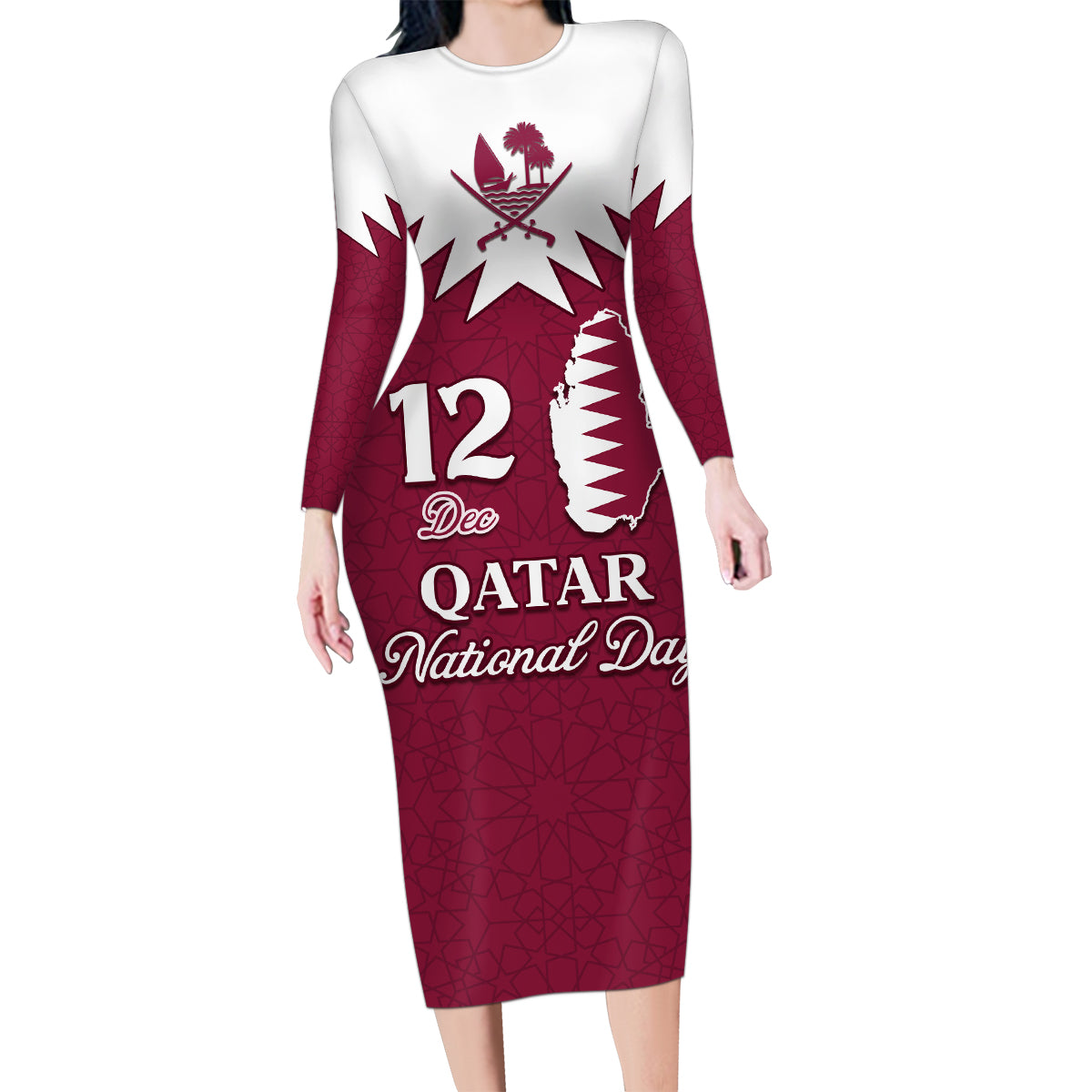 Personalised Qatar National Day Family Matching Long Sleeve Bodycon Dress and Hawaiian Shirt Dawlat Qatar Map Islamic Pattern - Wonder Print Shop