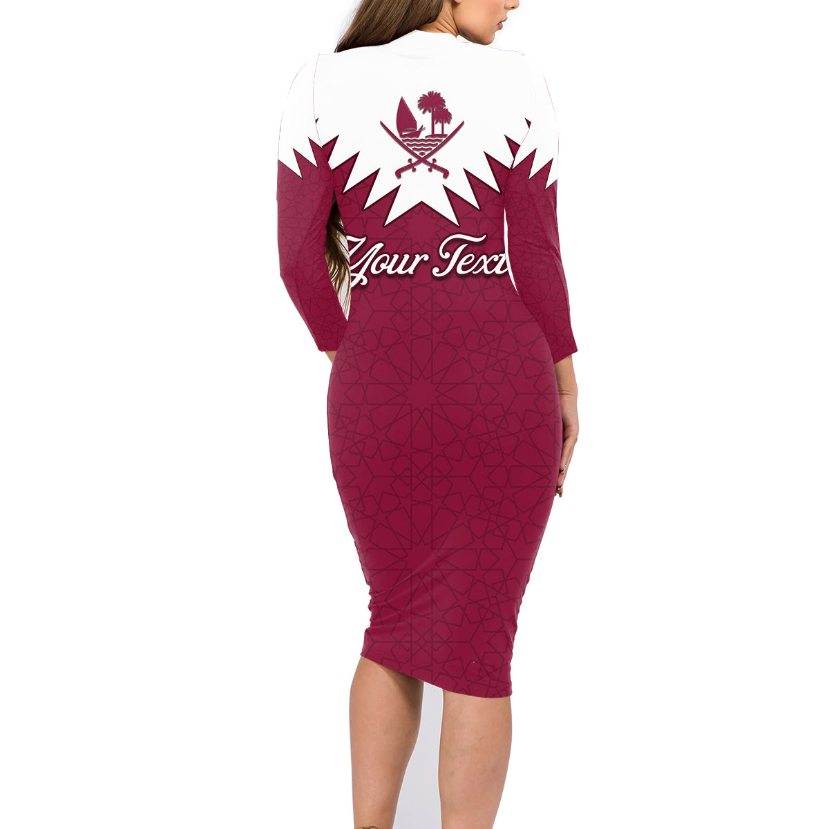 Personalised Qatar National Day Family Matching Long Sleeve Bodycon Dress and Hawaiian Shirt Dawlat Qatar Map Islamic Pattern - Wonder Print Shop