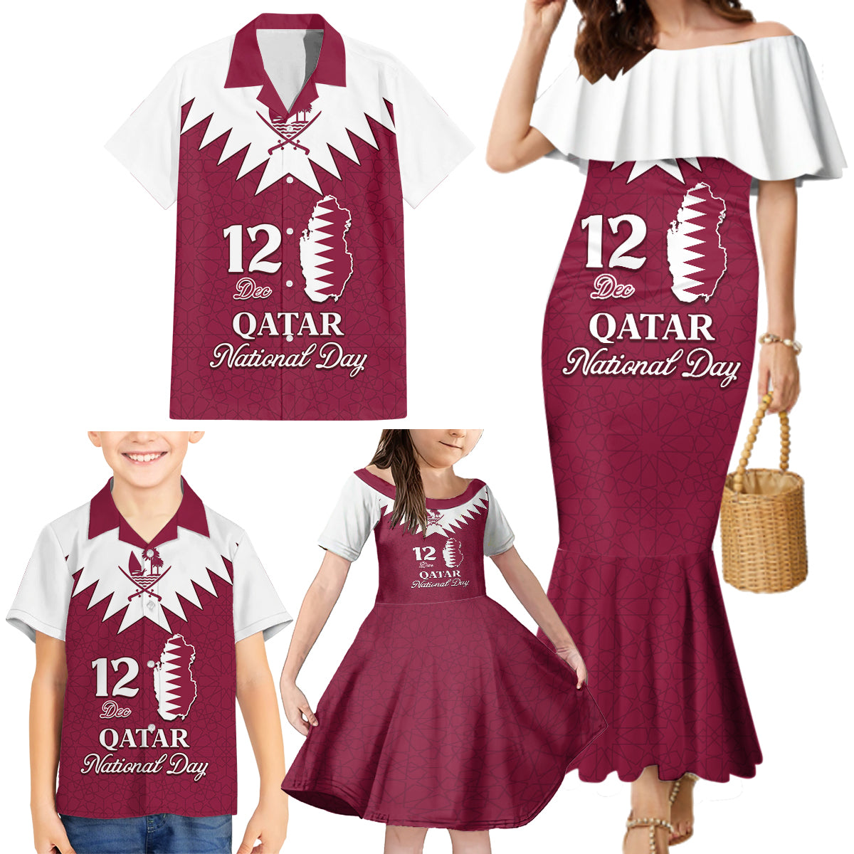 Personalised Qatar National Day Family Matching Mermaid Dress and Hawaiian Shirt Dawlat Qatar Map Islamic Pattern - Wonder Print Shop