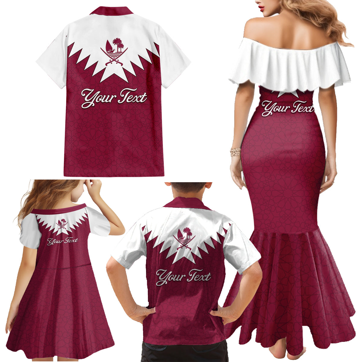 Personalised Qatar National Day Family Matching Mermaid Dress and Hawaiian Shirt Dawlat Qatar Map Islamic Pattern - Wonder Print Shop