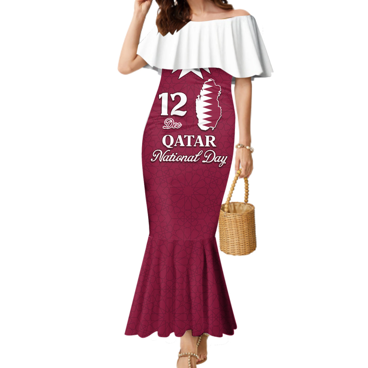 Personalised Qatar National Day Family Matching Mermaid Dress and Hawaiian Shirt Dawlat Qatar Map Islamic Pattern - Wonder Print Shop