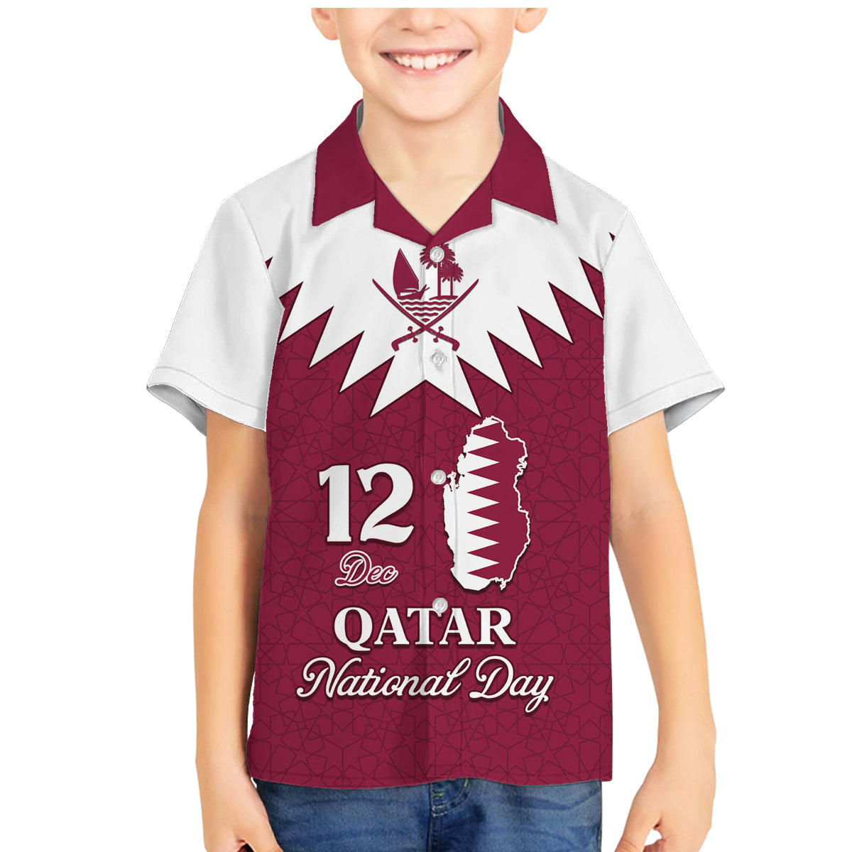 Personalised Qatar National Day Family Matching Mermaid Dress and Hawaiian Shirt Dawlat Qatar Map Islamic Pattern - Wonder Print Shop