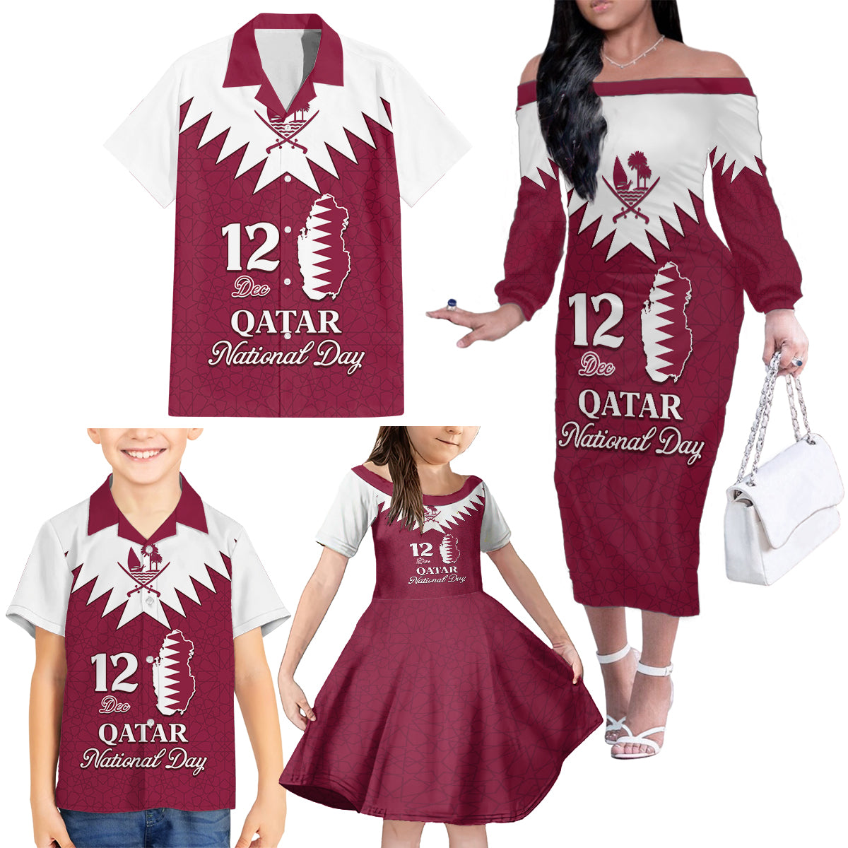Personalised Qatar National Day Family Matching Off Shoulder Long Sleeve Dress and Hawaiian Shirt Dawlat Qatar Map Islamic Pattern - Wonder Print Shop