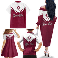 Personalised Qatar National Day Family Matching Off Shoulder Long Sleeve Dress and Hawaiian Shirt Dawlat Qatar Map Islamic Pattern - Wonder Print Shop