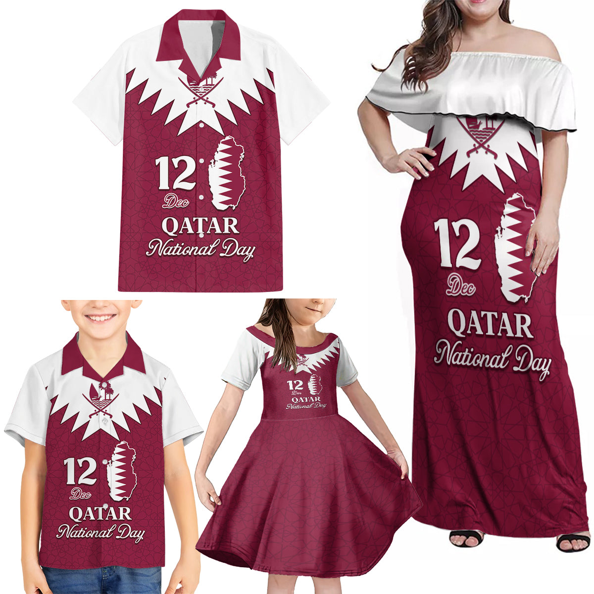 Personalised Qatar National Day Family Matching Off Shoulder Maxi Dress and Hawaiian Shirt Dawlat Qatar Map Islamic Pattern - Wonder Print Shop