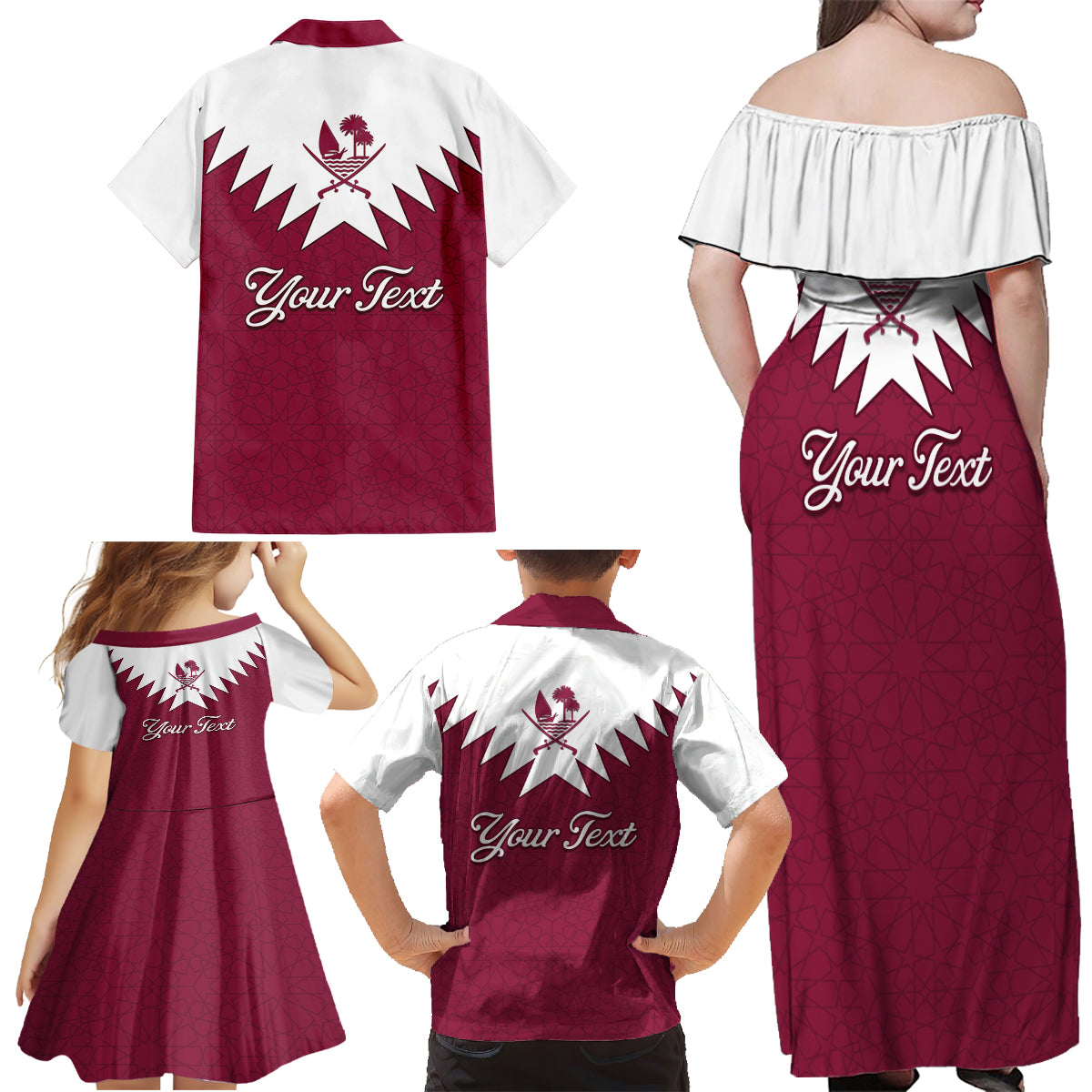 Personalised Qatar National Day Family Matching Off Shoulder Maxi Dress and Hawaiian Shirt Dawlat Qatar Map Islamic Pattern - Wonder Print Shop