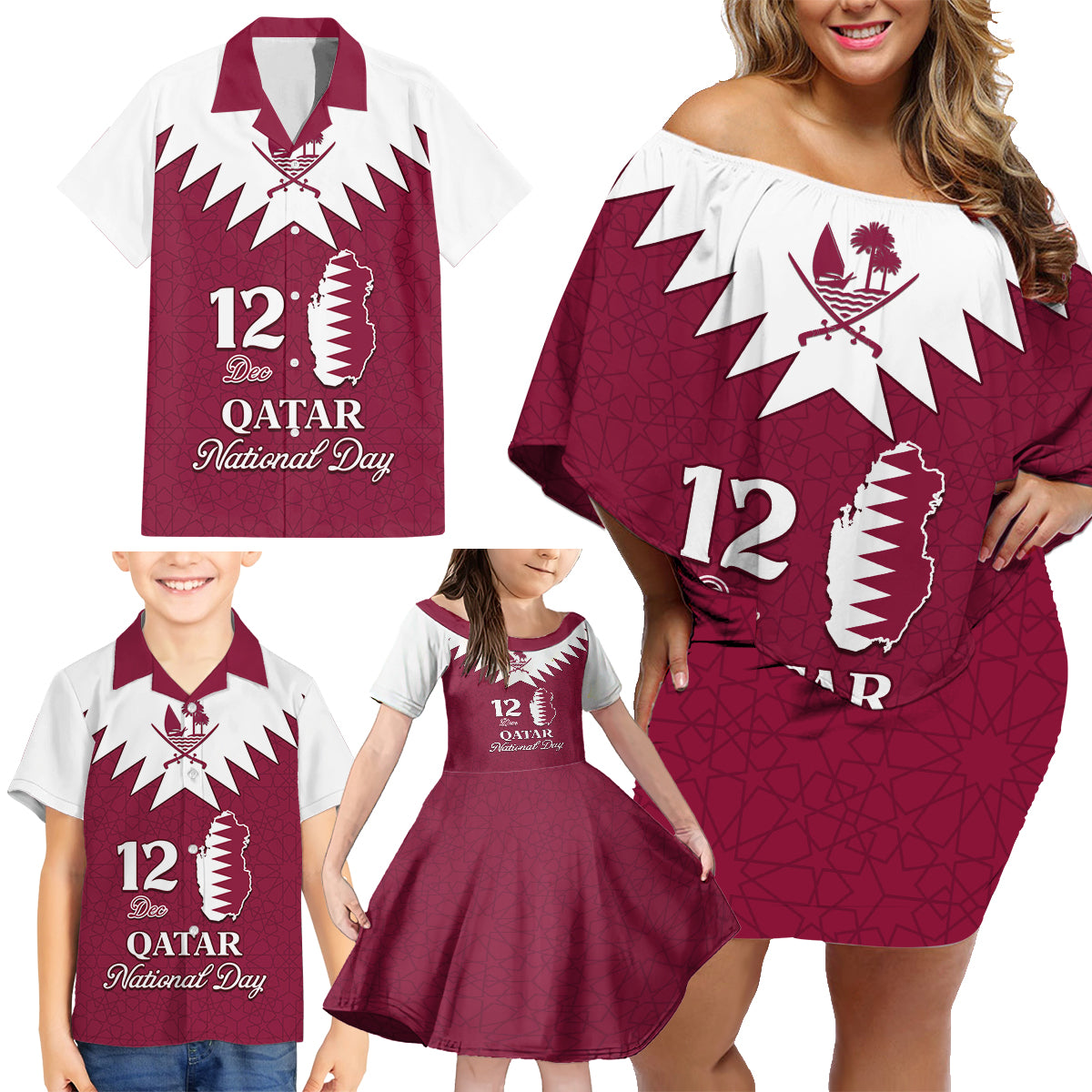 Personalised Qatar National Day Family Matching Off Shoulder Short Dress and Hawaiian Shirt Dawlat Qatar Map Islamic Pattern - Wonder Print Shop
