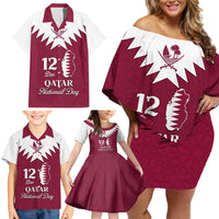 Personalised Qatar National Day Family Matching Off Shoulder Short Dress and Hawaiian Shirt Dawlat Qatar Map Islamic Pattern - Wonder Print Shop