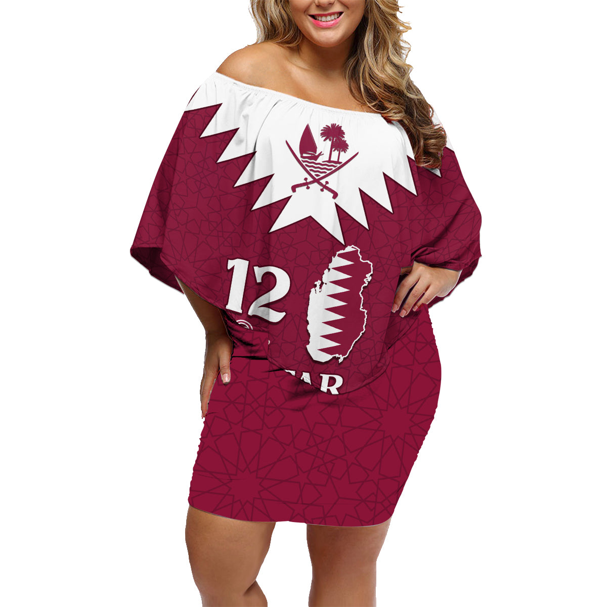 Personalised Qatar National Day Family Matching Off Shoulder Short Dress and Hawaiian Shirt Dawlat Qatar Map Islamic Pattern - Wonder Print Shop