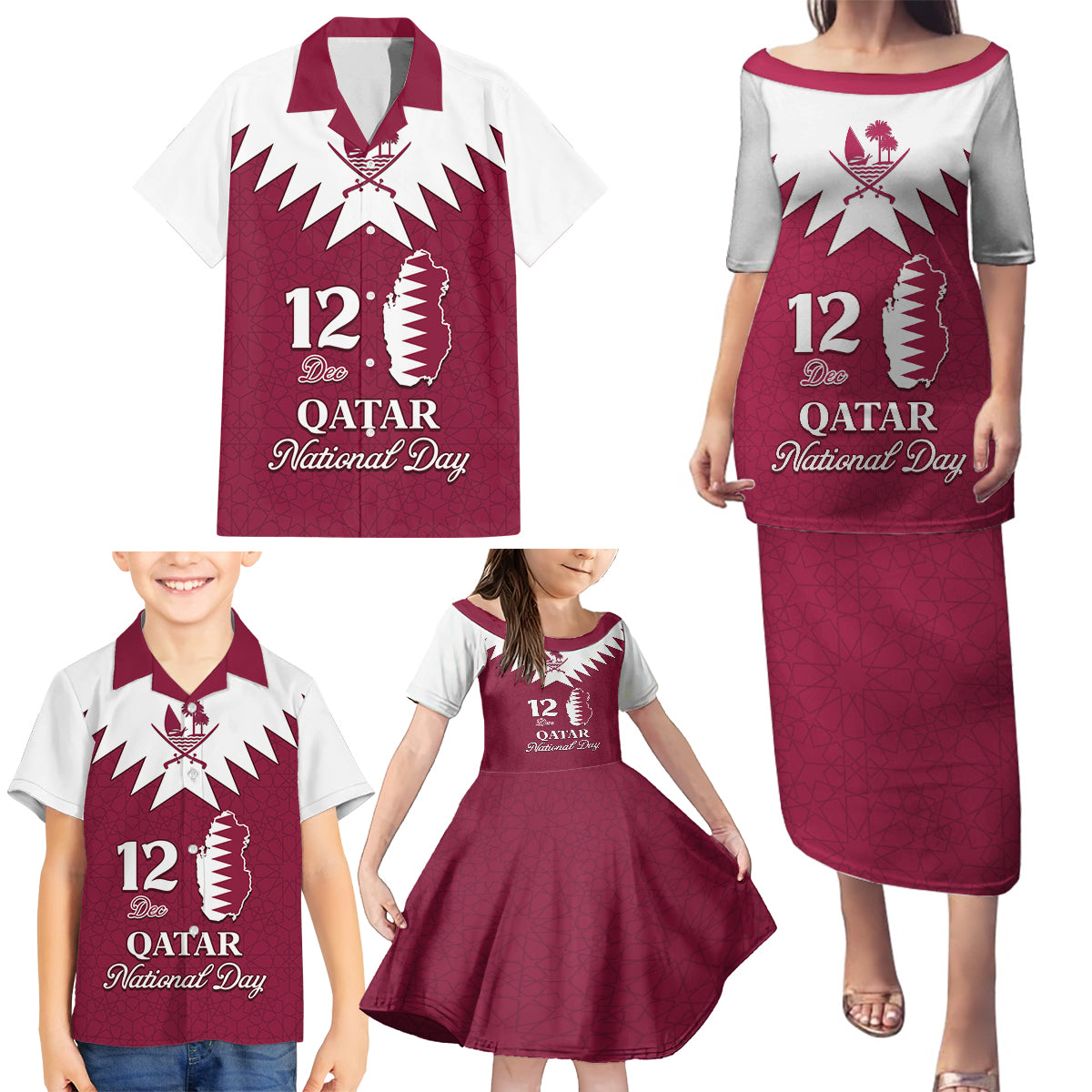 Personalised Qatar National Day Family Matching Puletasi Dress and Hawaiian Shirt Dawlat Qatar Map Islamic Pattern - Wonder Print Shop