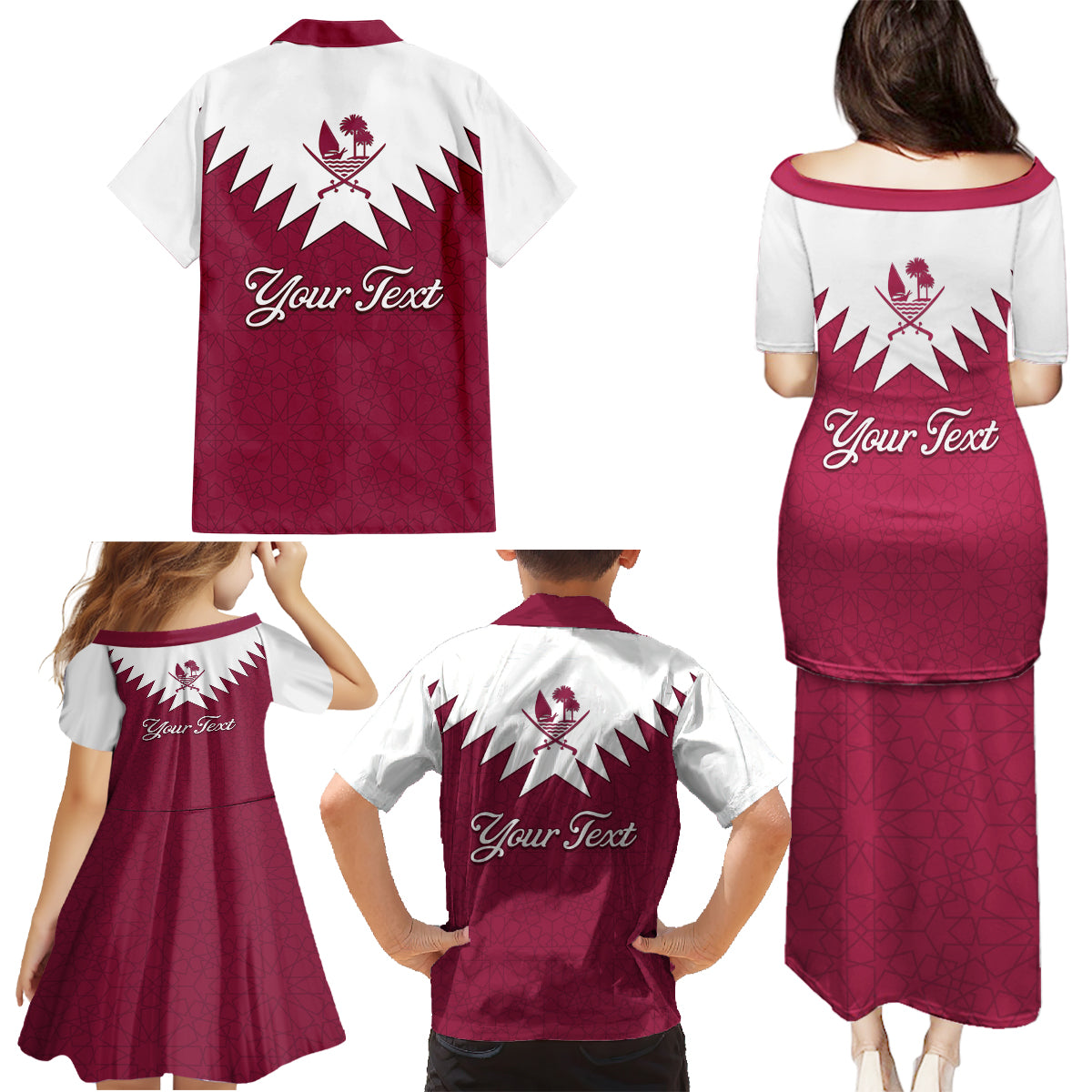 Personalised Qatar National Day Family Matching Puletasi Dress and Hawaiian Shirt Dawlat Qatar Map Islamic Pattern - Wonder Print Shop
