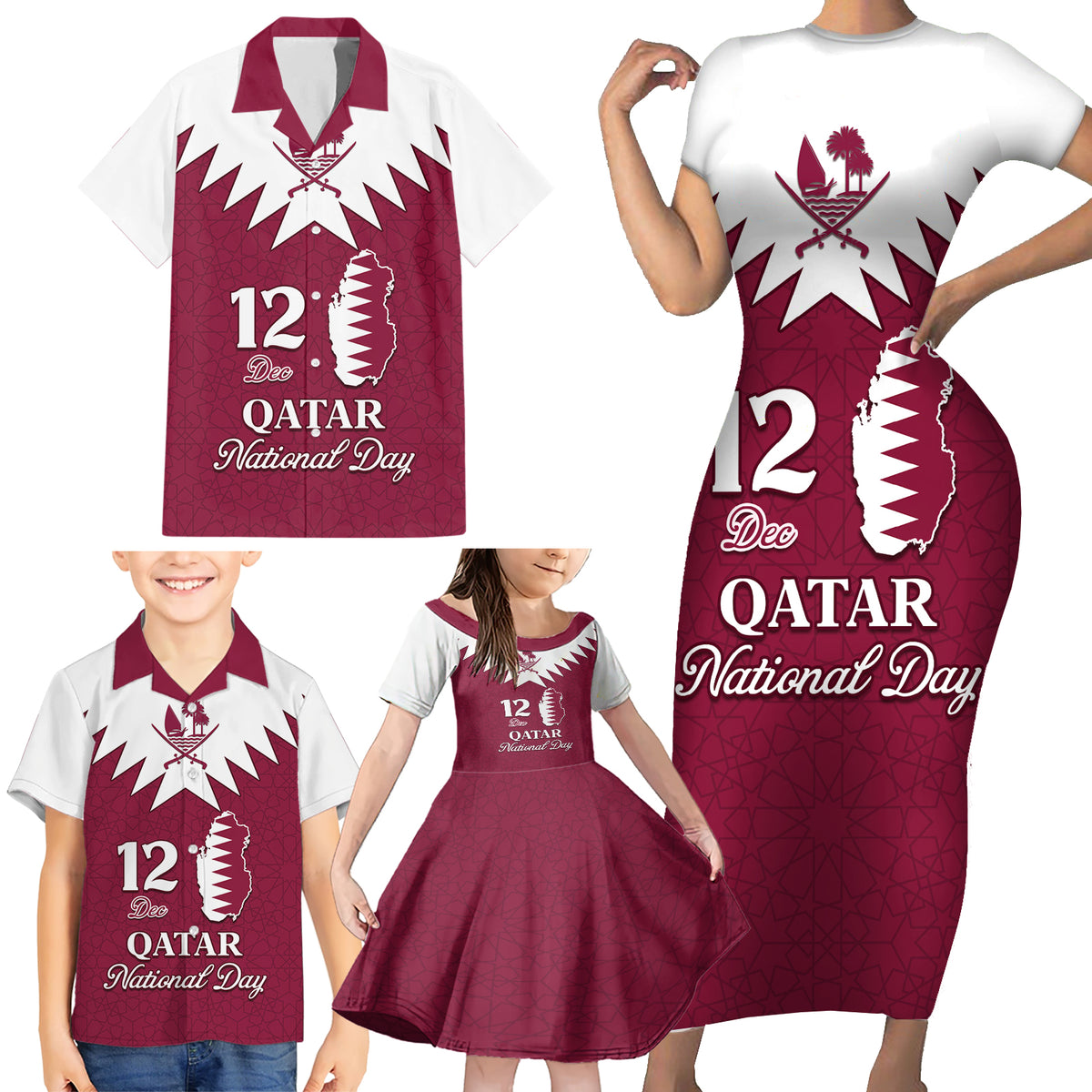 Personalised Qatar National Day Family Matching Short Sleeve Bodycon Dress and Hawaiian Shirt Dawlat Qatar Map Islamic Pattern - Wonder Print Shop