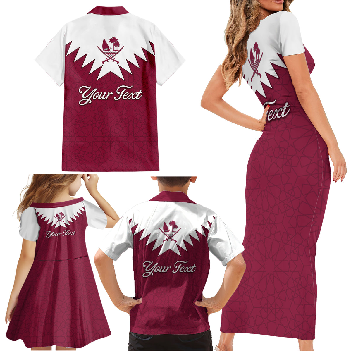 Personalised Qatar National Day Family Matching Short Sleeve Bodycon Dress and Hawaiian Shirt Dawlat Qatar Map Islamic Pattern - Wonder Print Shop