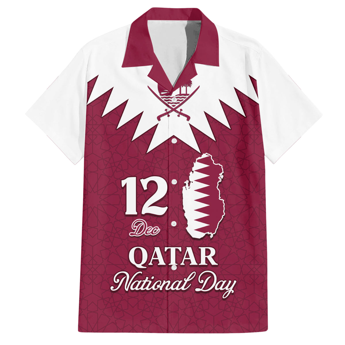 Personalised Qatar National Day Family Matching Short Sleeve Bodycon Dress and Hawaiian Shirt Dawlat Qatar Map Islamic Pattern - Wonder Print Shop