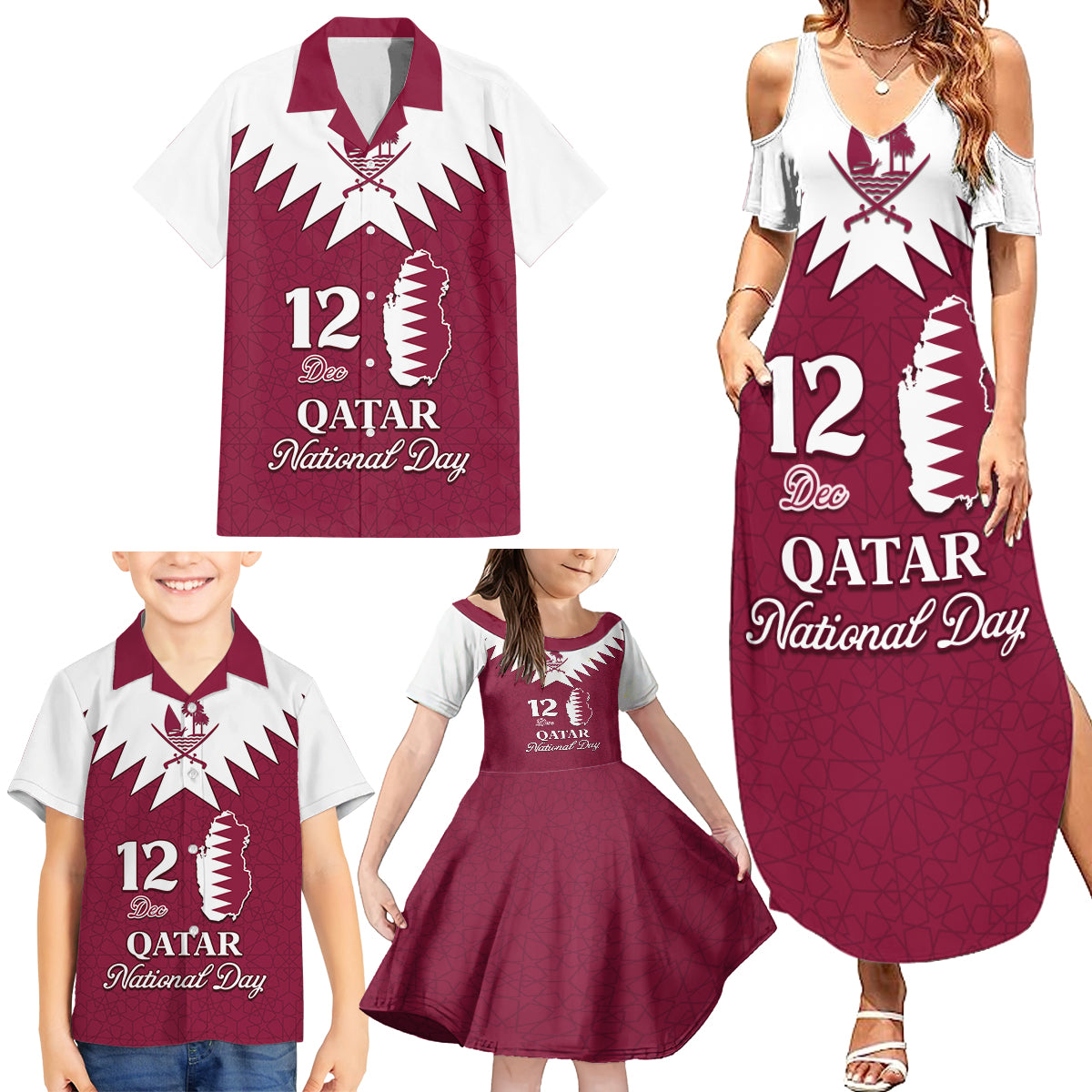 Personalised Qatar National Day Family Matching Summer Maxi Dress and Hawaiian Shirt Dawlat Qatar Map Islamic Pattern - Wonder Print Shop