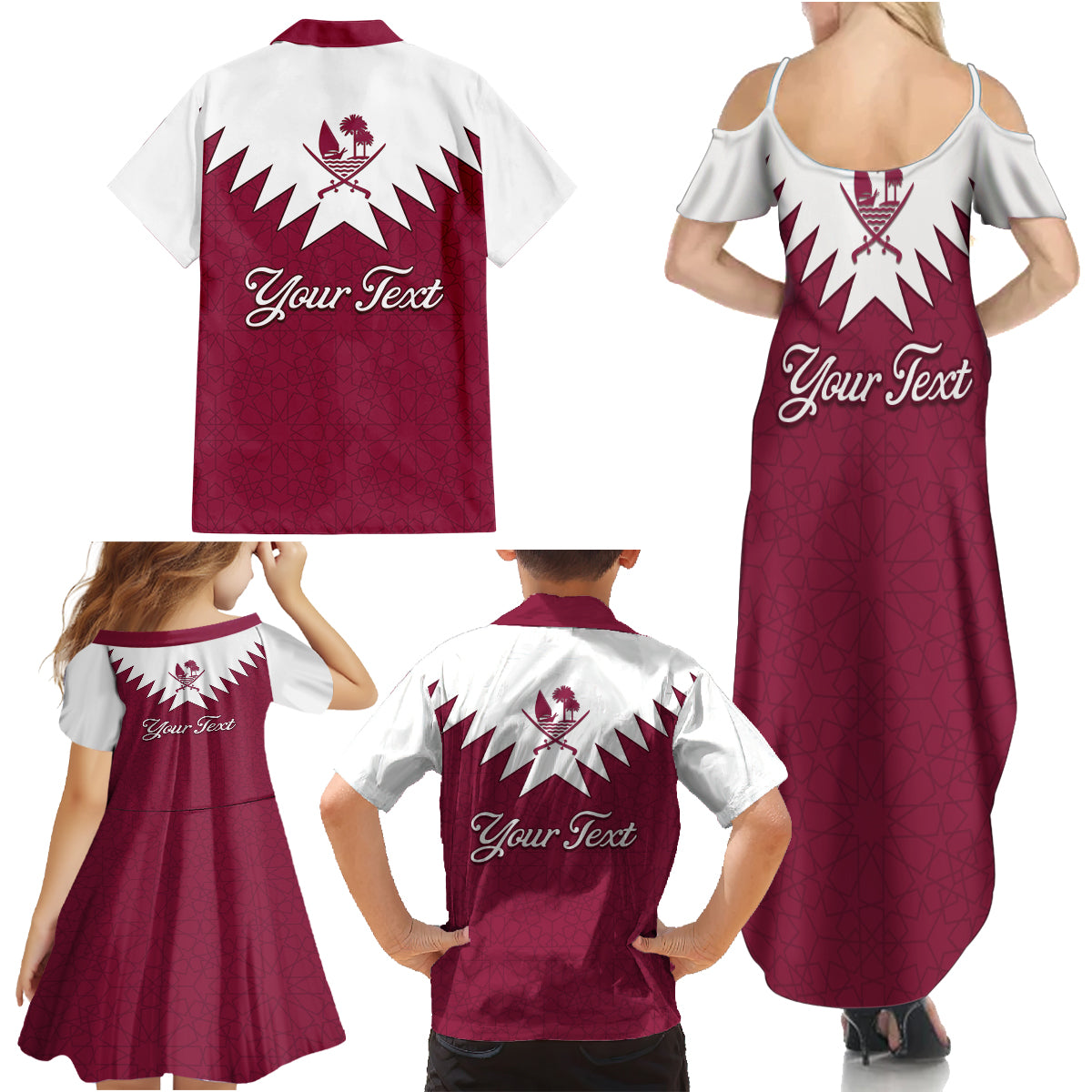 Personalised Qatar National Day Family Matching Summer Maxi Dress and Hawaiian Shirt Dawlat Qatar Map Islamic Pattern - Wonder Print Shop