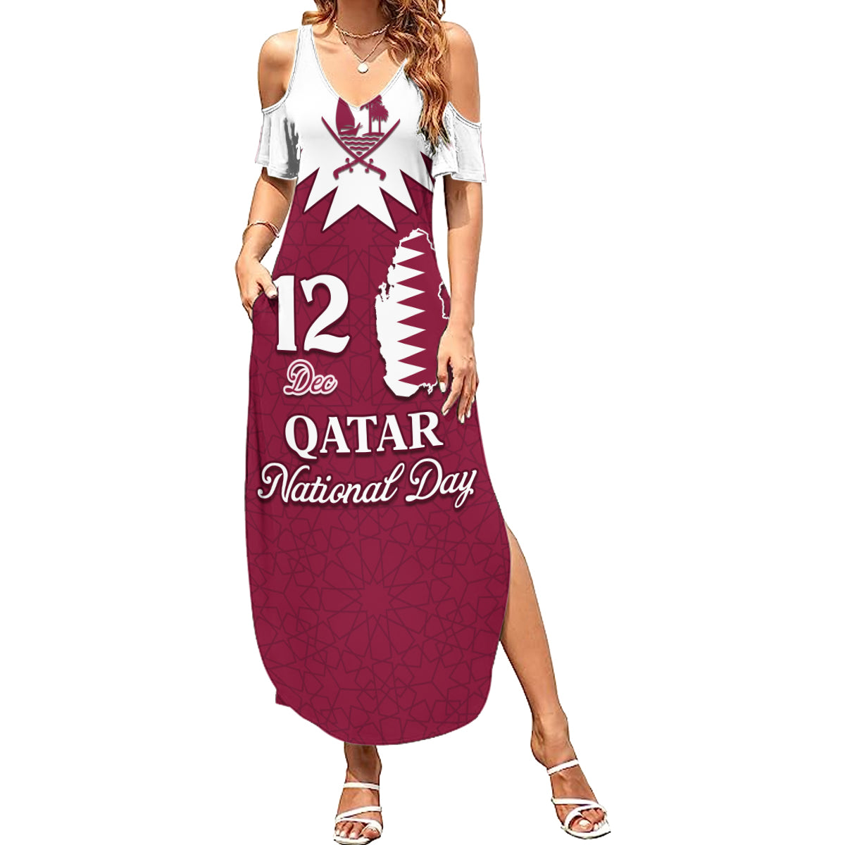 Personalised Qatar National Day Family Matching Summer Maxi Dress and Hawaiian Shirt Dawlat Qatar Map Islamic Pattern - Wonder Print Shop