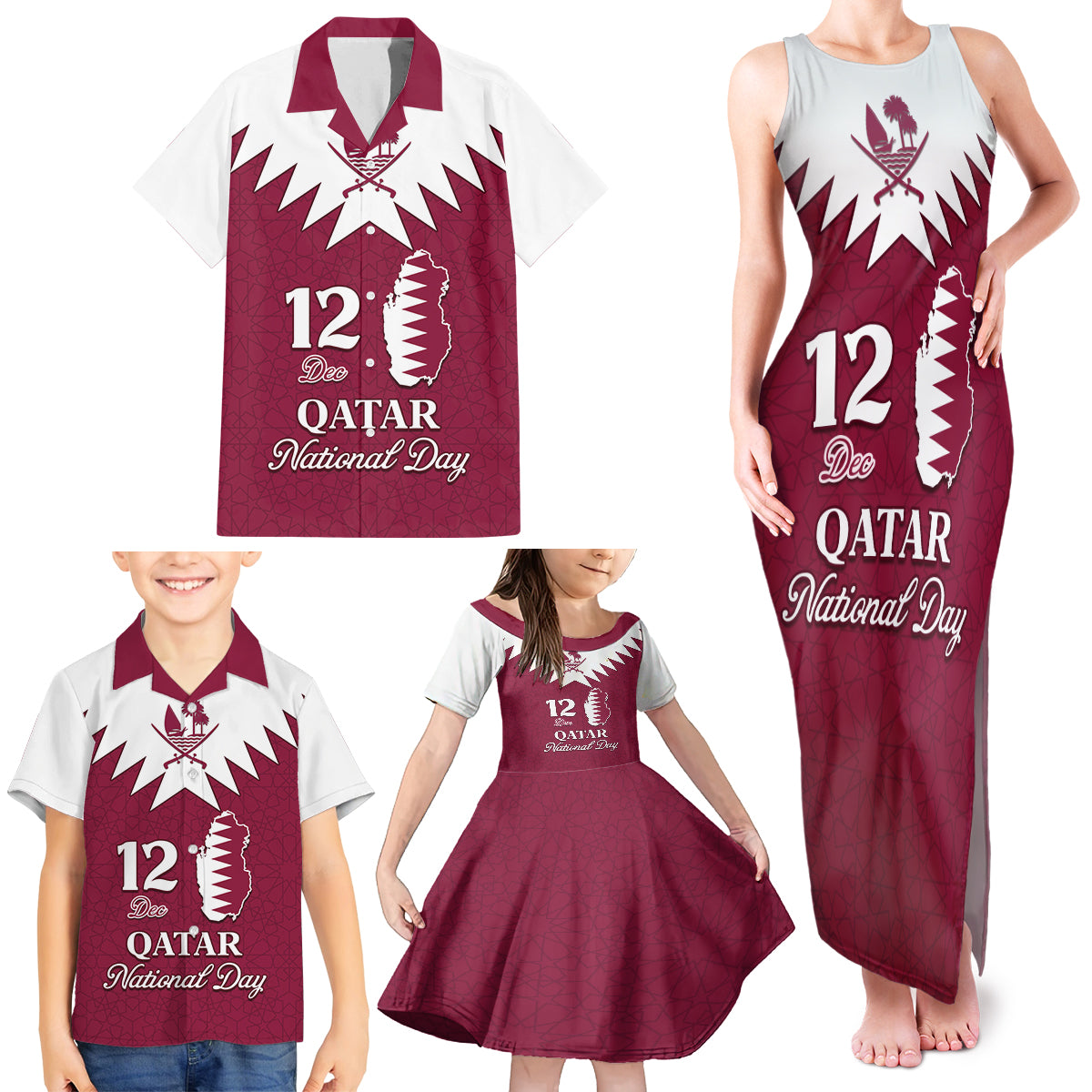 Personalised Qatar National Day Family Matching Tank Maxi Dress and Hawaiian Shirt Dawlat Qatar Map Islamic Pattern - Wonder Print Shop