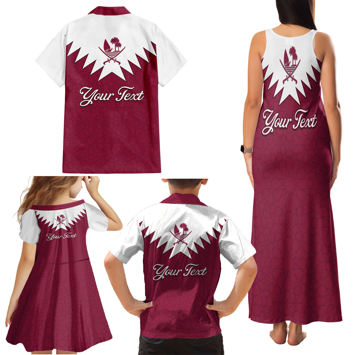 Personalised Qatar National Day Family Matching Tank Maxi Dress and Hawaiian Shirt Dawlat Qatar Map Islamic Pattern - Wonder Print Shop