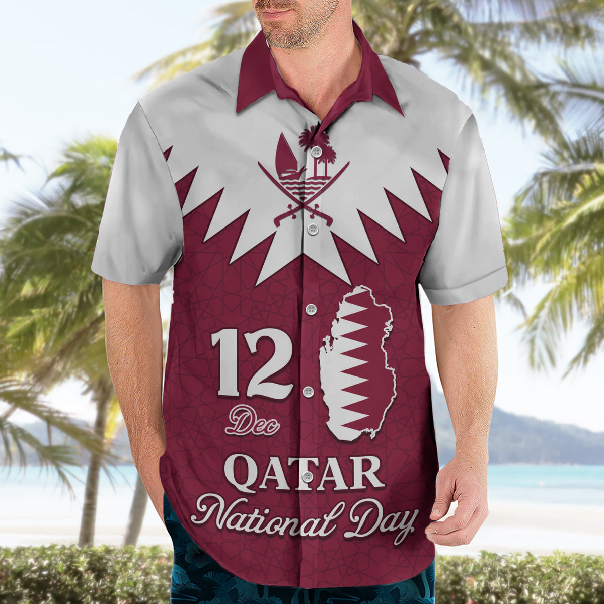 Personalised Qatar National Day Hawaiian Shirt Dawlat Qatar Map Islamic Pattern - Wonder Print Shop