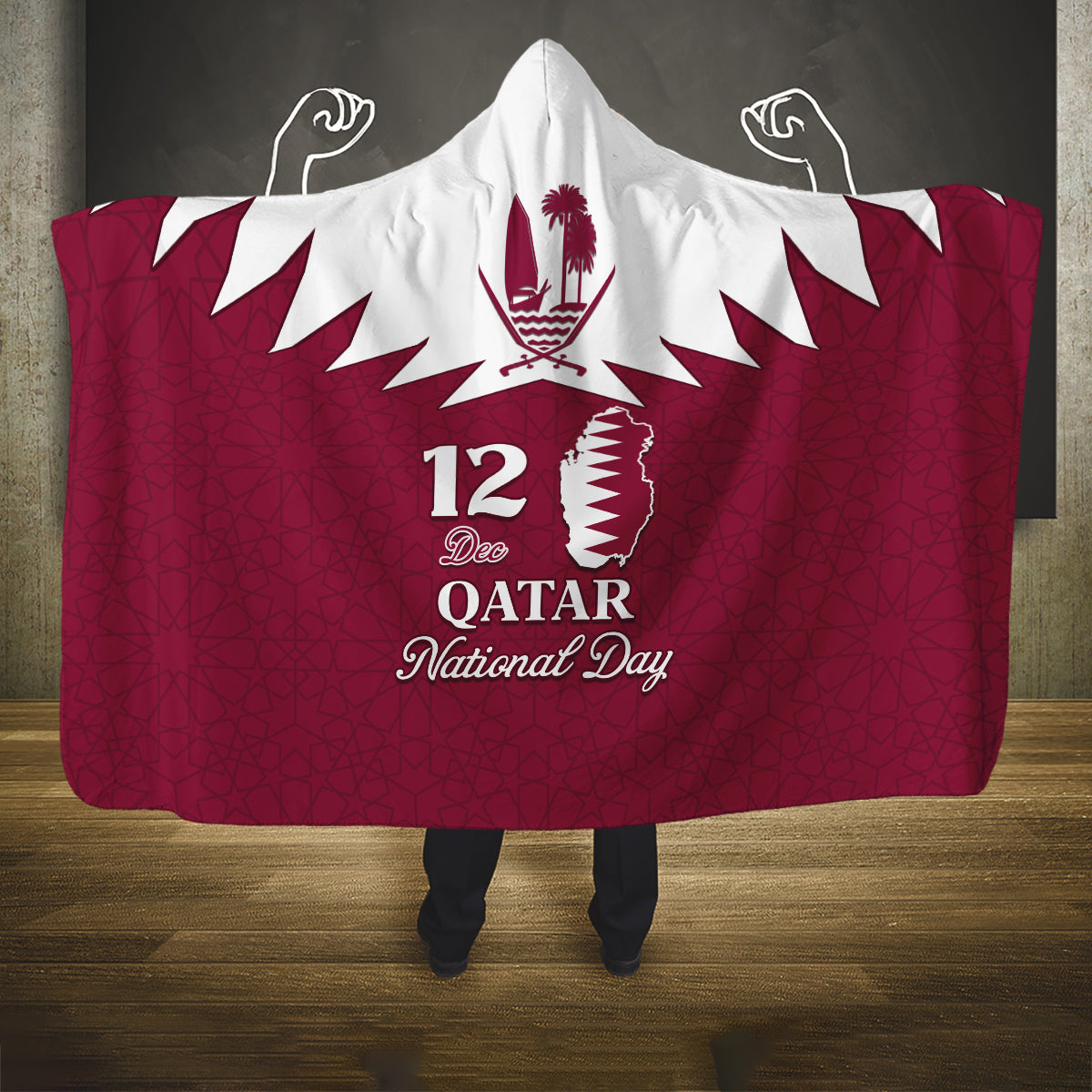 personalised-qatar-national-day-hooded-blanket-dawlat-qatar-map-islamic-pattern