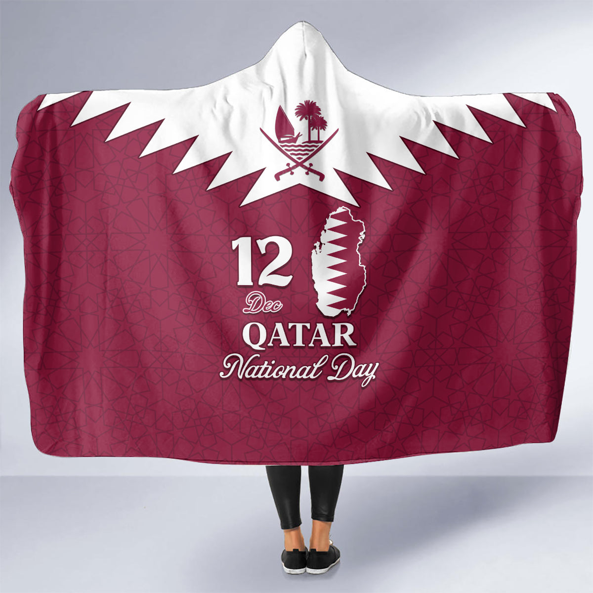 personalised-qatar-national-day-hooded-blanket-dawlat-qatar-map-islamic-pattern