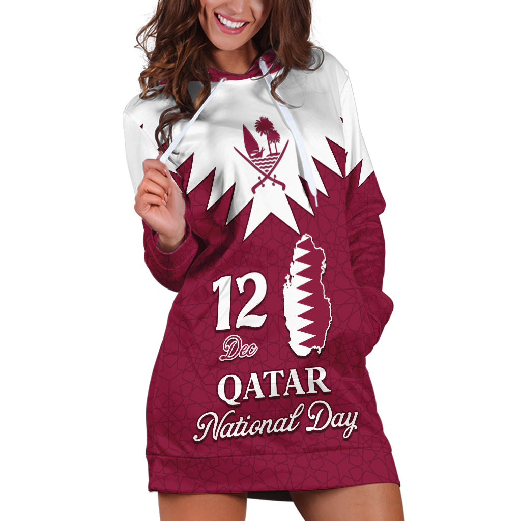 Personalised Qatar National Day Hoodie Dress Dawlat Qatar Map Islamic Pattern - Wonder Print Shop