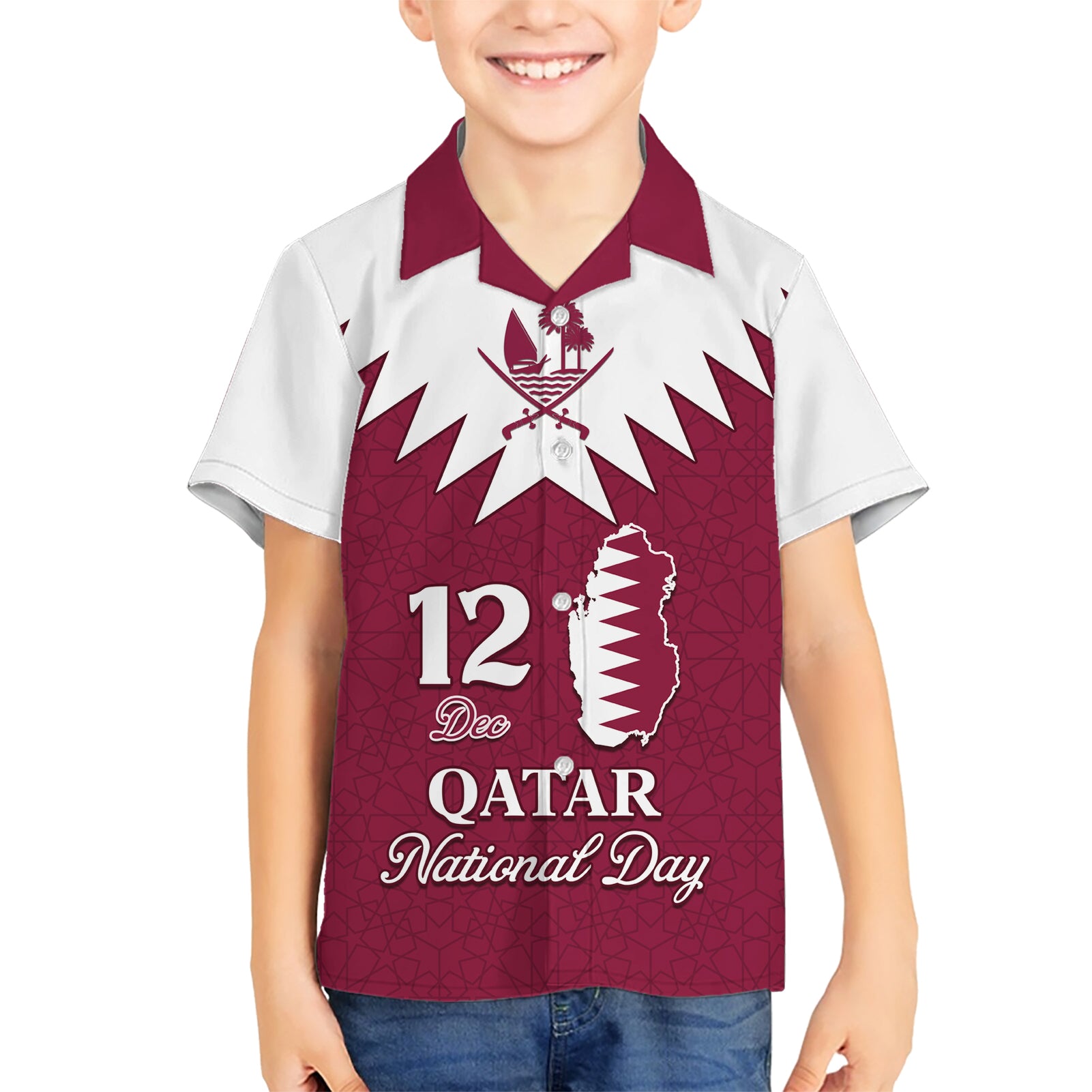 Personalised Qatar National Day Kid Hawaiian Shirt Dawlat Qatar Map Islamic Pattern - Wonder Print Shop