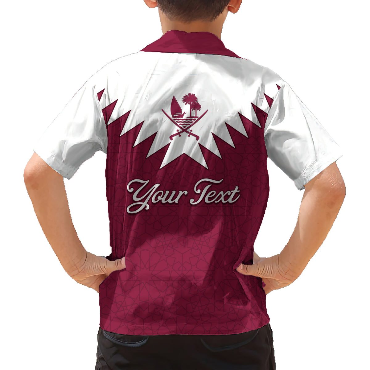 Personalised Qatar National Day Kid Hawaiian Shirt Dawlat Qatar Map Islamic Pattern - Wonder Print Shop
