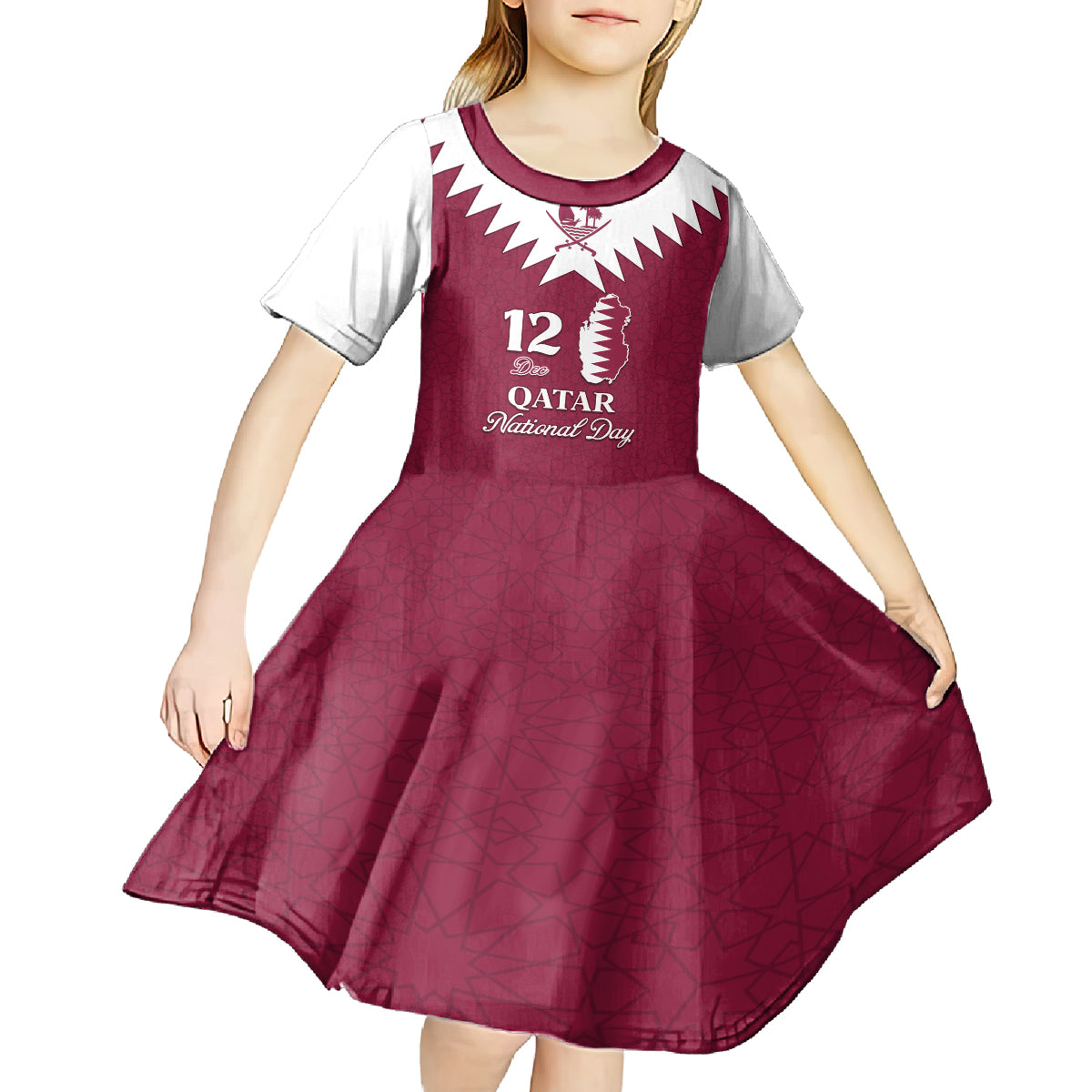 Personalised Qatar National Day Kid Short Sleeve Dress Dawlat Qatar Map Islamic Pattern - Wonder Print Shop