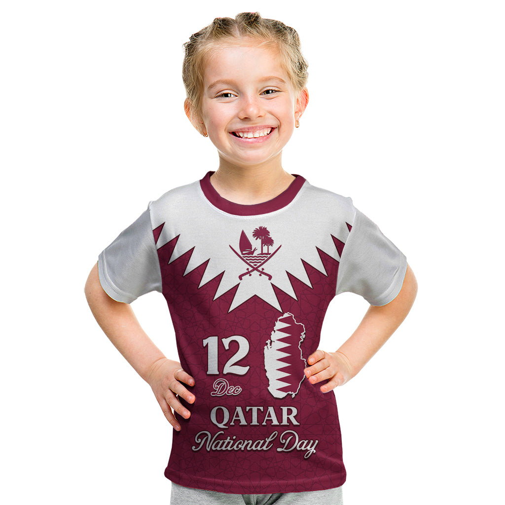 Personalised Qatar National Day Kid T Shirt Dawlat Qatar Map Islamic Pattern - Wonder Print Shop