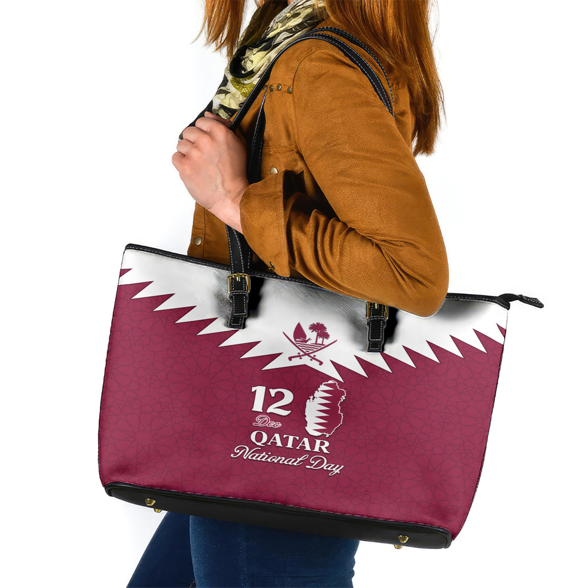 Qatar National Day Leather Tote Bag Dawlat Qatar Map Islamic Pattern - Wonder Print Shop