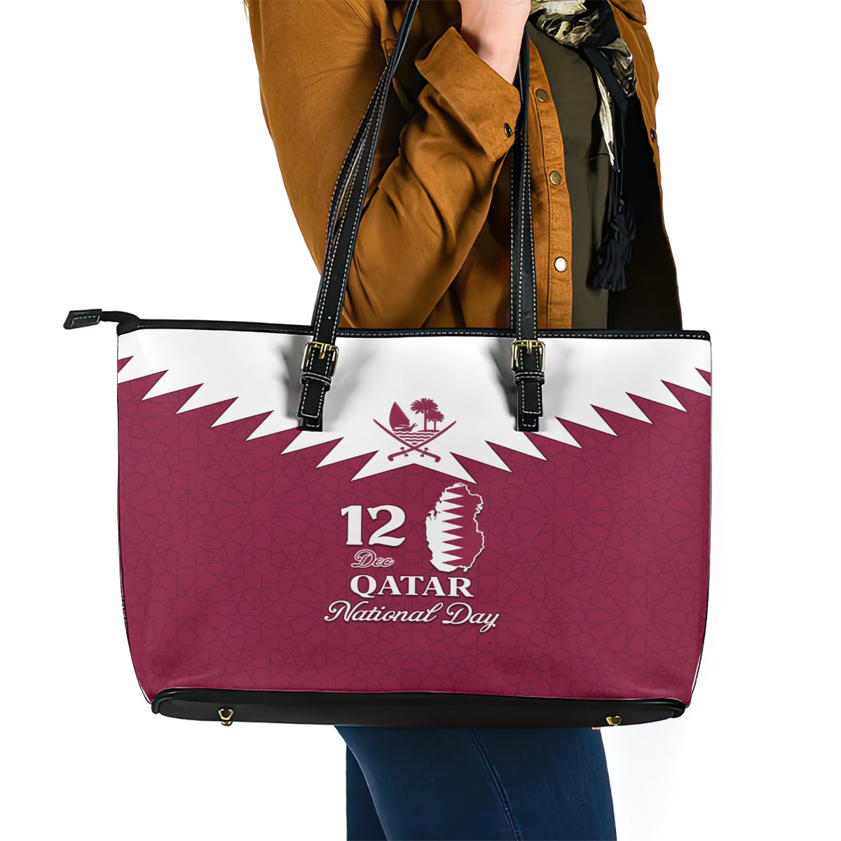Qatar National Day Leather Tote Bag Dawlat Qatar Map Islamic Pattern - Wonder Print Shop